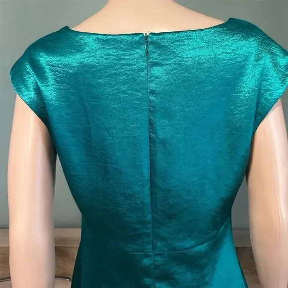 Connected Apparel Shiny Emerald Green Satin Finish Midi Dress Cap Sleeve - Picture 5 of 7